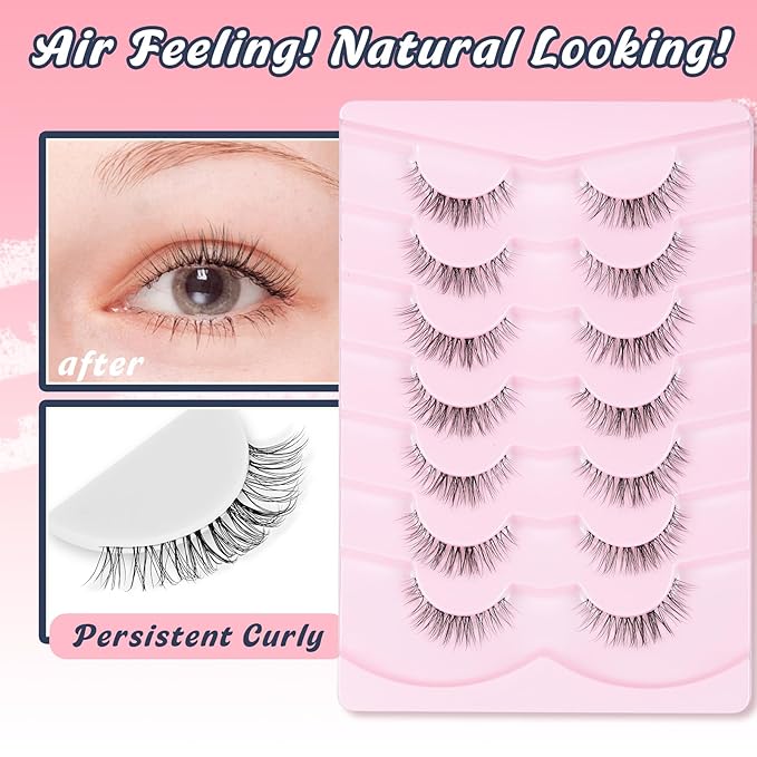 Eyelashes Natural False Lashes 14mm Eye Lashes with Thin Band 3D Volume Fake Eyelashes C Curl Wispy Lashes Natural Look 7 Pair-FemmiqueWomen