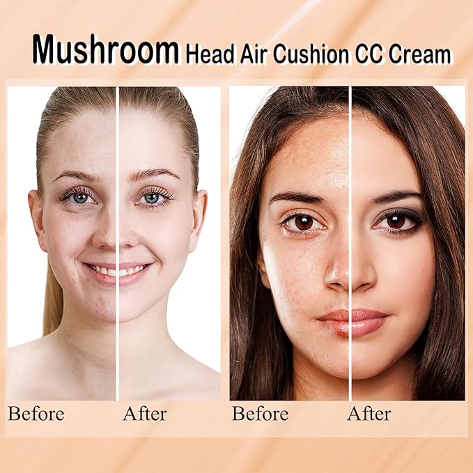 2 PCS Mushroom Head Air Cushion CC Cream Nature Foundation,Foundation Brush Powder Brush,Moisturizing Concealer, Bright Makeup Base Long Lasting with Mushroom Makeup Sponge(#03 Warm Nude)-FemmiqueWomen