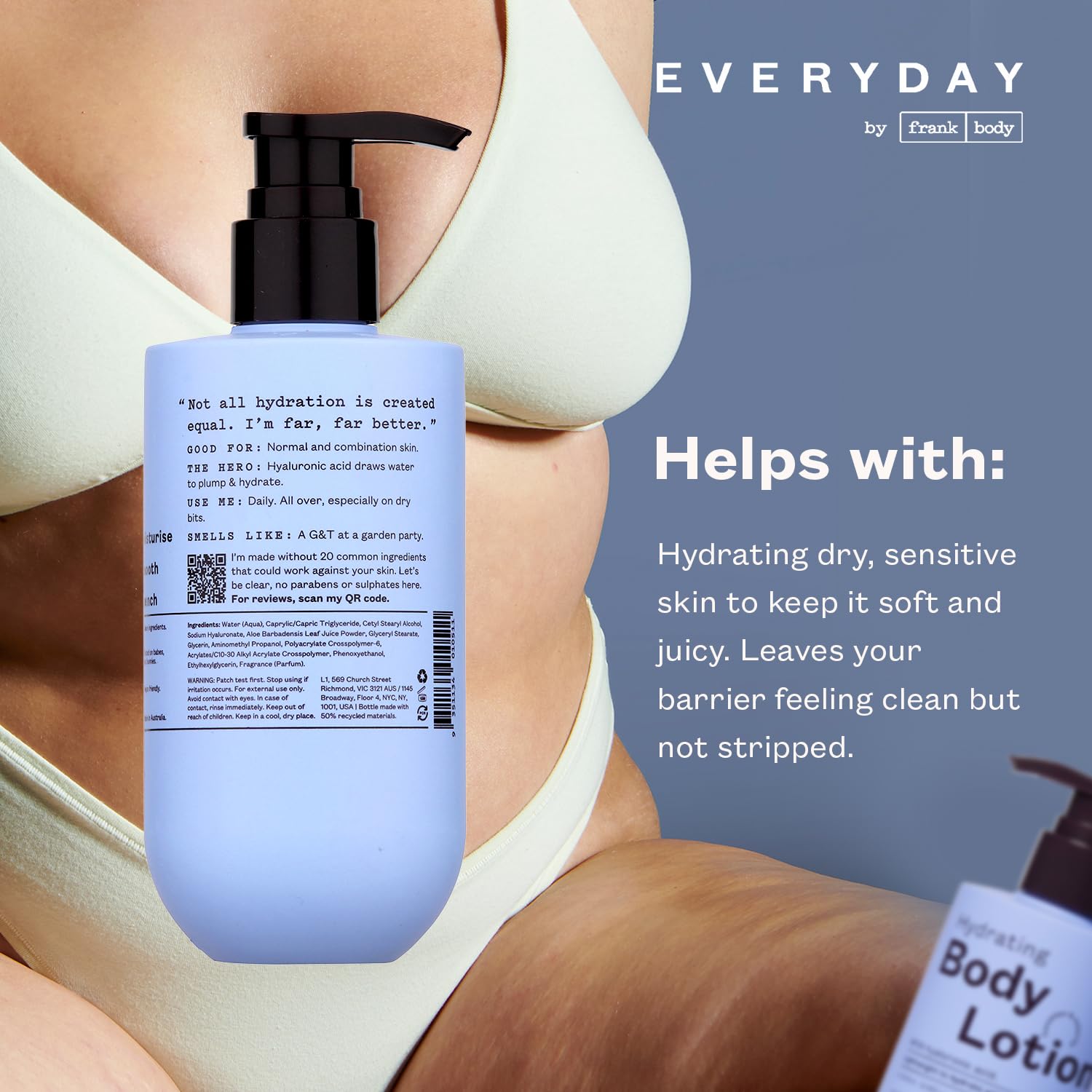 frank body Hydrating Body Lotion | Hydrates, Soothes & Moisturizes Dry Skin | Hyaluronic Acid, Aloe Vera & Glycerin | Lightweight | Cucumber & Waterlily Scent | Vegan & Cruelty Free | 250ml-FemmiqueWomen