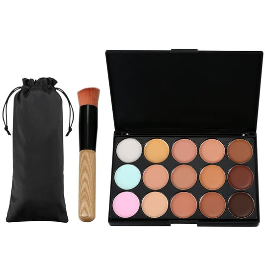 15 Colors Contour Palette Kit: Cream Concealer Palette Face Makeup Foundation Kit Contour Palette with Brush for Professional and Daily Use-FemmiqueWomen