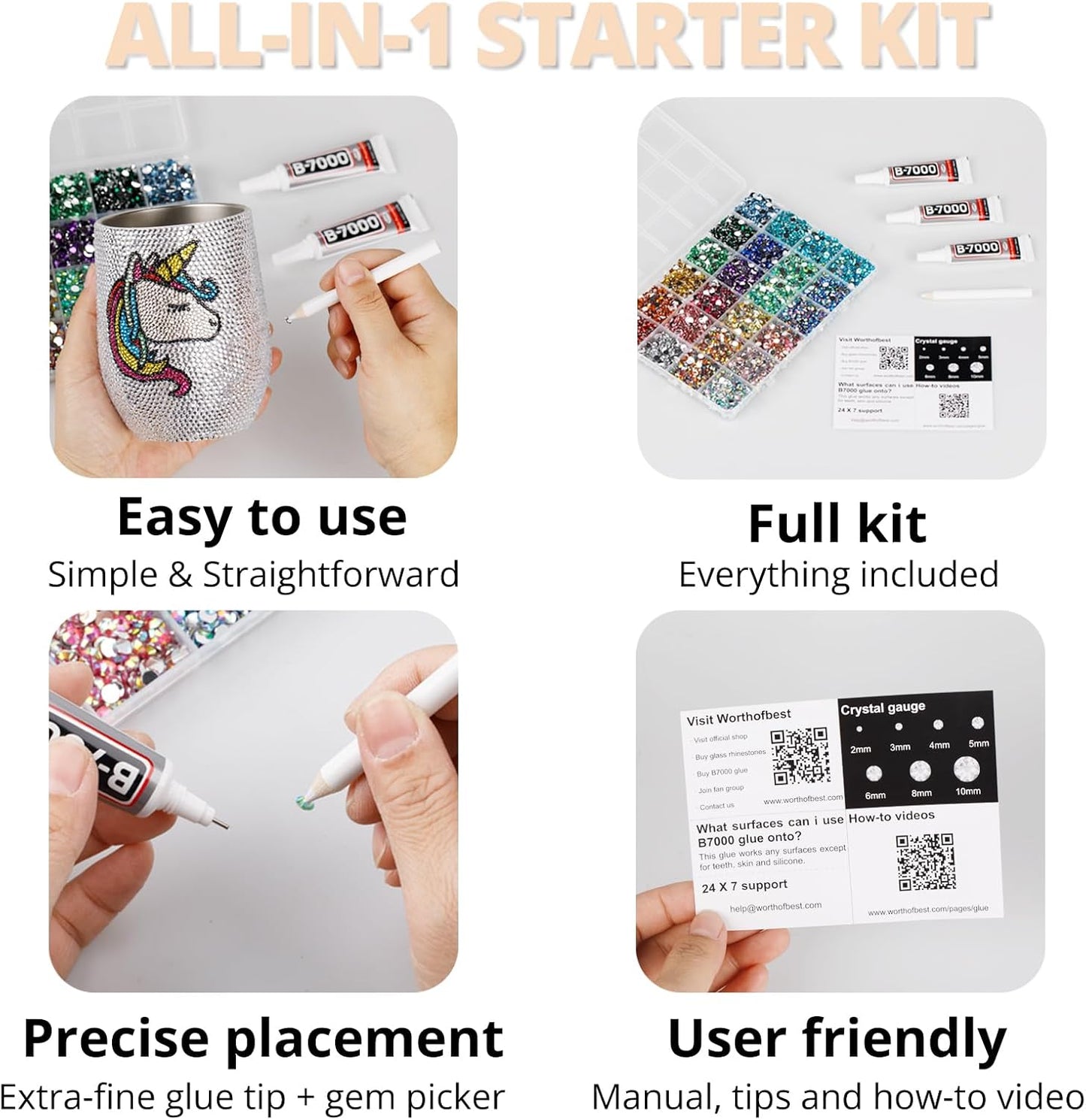 30000Pcs Resin Rhinestones Set for Crafting Bedazzling, Champagne Flatback Gems Jewels for Crafts Clothes Shoes Fabric Outfit Nails Makeup, Flat Back Crystal 2-6mm with b 7000 Glue-FemmiqueWomen