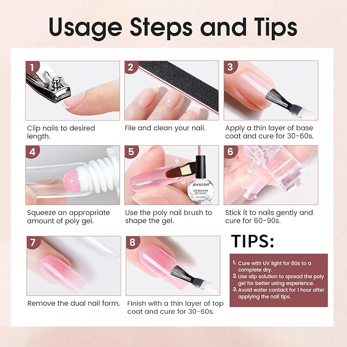 JEWHITENY Poly Extension Gel Nail Set Clear Pink Poly Nail Gel With Slip Solution Base Coat Top Coat French Manicure Need U V Lamp Curing for Finger Art and Home DIY-FemmiqueWomen