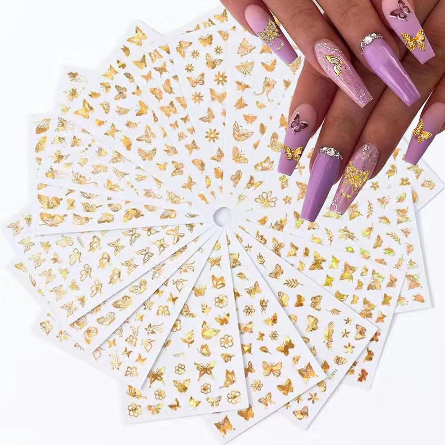 16 Sheets Butterfly Nail Art Stickers Decals 3D Self-Adhesive Gold Metallic Butterfly Nail Stickers Holographic Butterflies Design Nail Art Supplies for Women Acrylic Nail Art Decoration Accessories-FemmiqueWomen