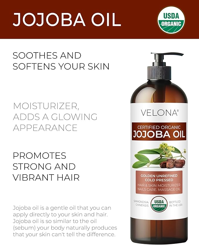 velona Jojoba Oil USDA Certified Organic - 16 fl oz (With Pump) | 100% Pure and Natural | Golden, Unrefined, Cold Pressed, Hexane Free | Moisturizing Face, Hair, Body, Skin Care-FemmiqueWomen