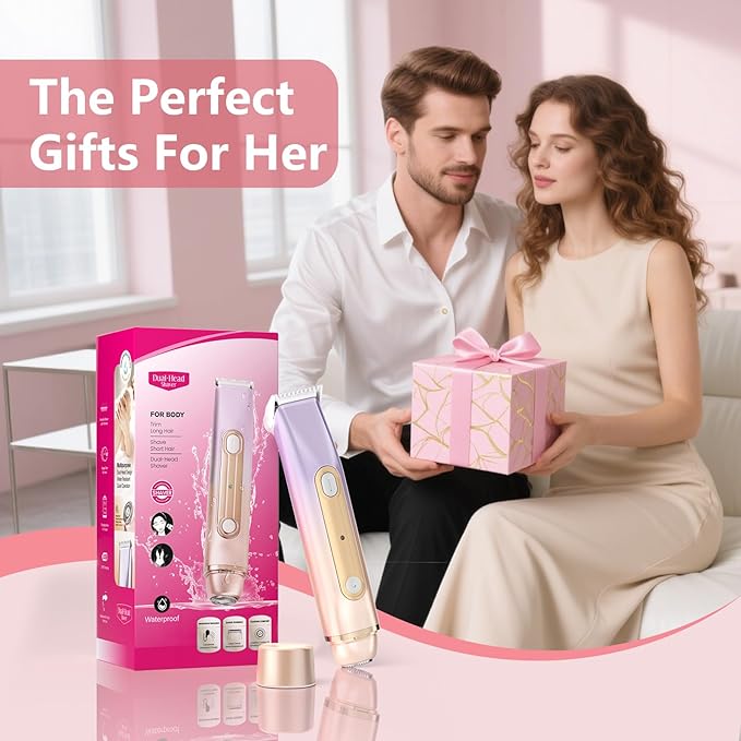 2 in 1 Bikini Trimmer for Women, Dual Head Electric Razor, IPX7 Waterproof Wet/Dry Use Women Electric Shaver, Painless Body Facial Hair Remover for Bikini Legs Arm Underarm, (Lavender)-FemmiqueWomen