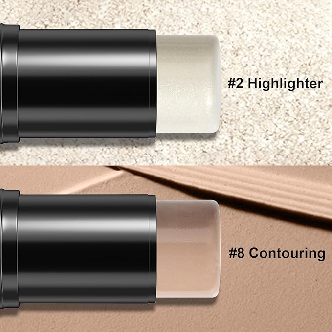 2Pcs Cream Contour Stick Makeup Kit, Cream Highlighter Stick and Bronzer Contour Stick with Longwear Waterproof Formula for Brightening and Trimming the Cheeks, Makeup Brush Include (#02, 08)-FemmiqueWomen