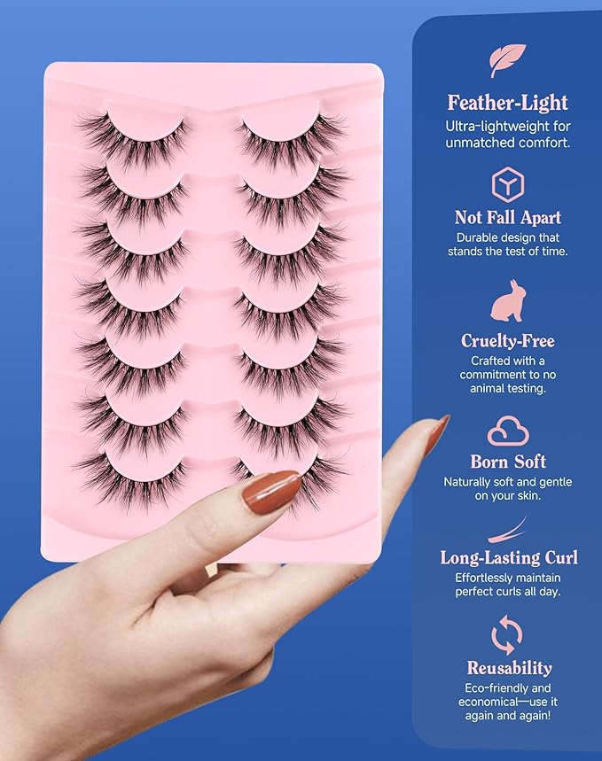 Lashes Natural Wispy Strip Eyelashes Natural Look Flared False Eye Lashes Soft Lash Fluffy Cat Eyelash 7 Pairs Everyday D05-FemmiqueWomen