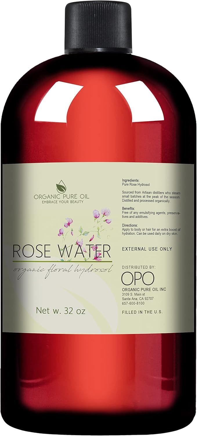 Rose Hydrosol Water - 32 oz - Pure Rose Hydrosol – Hydrating Face Toner Rose Water for Skin and Hair, Linen Spray for Sheets, Room Freshener, Body Spray by Organic Pure Oil - Packaging May Vary-FemmiqueWomen
