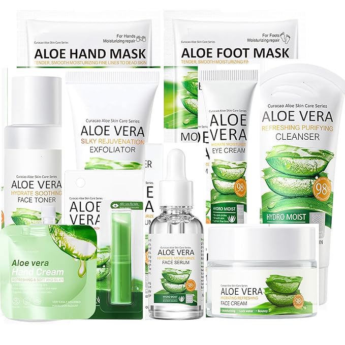 10Pcs Skin Care Products Set, Aloe Vera Skin Care Sets, Skin Care Gift Set for Women Girls, Skincare Routine Set, Face Care Kit for Dry Skin, Hydrating Whole Body Skin Care-FemmiqueWomen