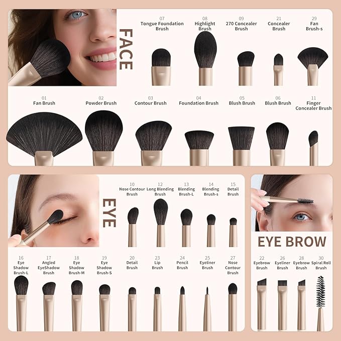 docolor Makeup Brushes Professional 30Pcs Make up Brushes Set Premium Synthetic Kabuki Foundation Blending Brush Face Powder Blush Concealers Eye Shadows Beige-FemmiqueWomen