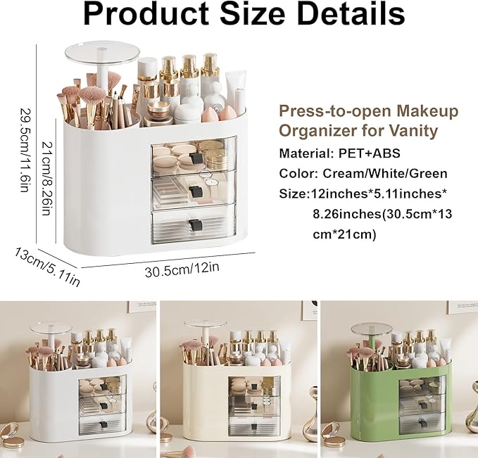 DASITON Makeup Organizer with 3 Drawers,Automatic Lifting Makeup Brush Holder with Lid,Large Capacity Makeup Organizers for Vanity,Bathroom Countertop,Ideal Storage Skin Care,Brushes,Lipstick (White)-FemmiqueWomen