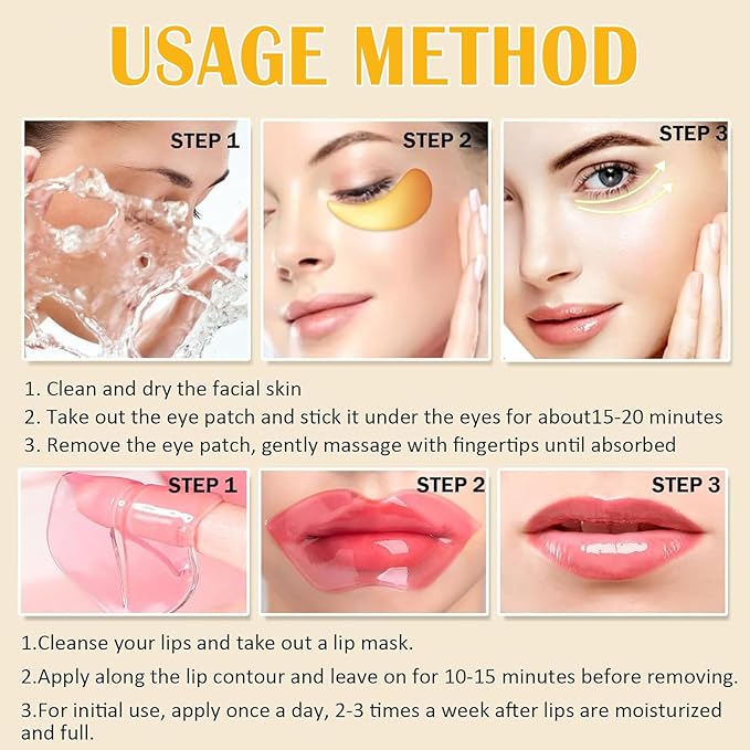 30 Pairs Collagen Lip Masks & Under Eye Mask, Gel Crystal Moisturizing Lip Mask, 24K Gold Under Eye Patches for Puffy Eyes, Dark Circle, Reducing Fine Lines, Effectively Nourishes Lip & Eye Skin Care-FemmiqueWomen