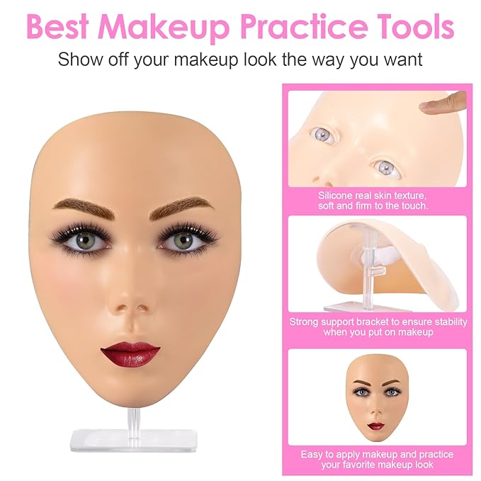 3D Makeup Practice Kit,Reusable Silicone Makeup Practice Face Board/Makeup Mannequin Face,with Makeup Brushes Set&Eyebrow Pencils&Eyelashes&a Makeup Bag&makeup remover towel&Eyeshadow&Lipstick-FemmiqueWomen