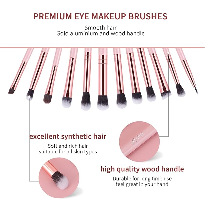 MSQ Eye Makeup Brushes Set with Soft Synthetic Hairs & Real Wood Handle for Eyeshadow, Eyebrow, Eyeliner, Blending (Pink), 12pcs-FemmiqueWomen