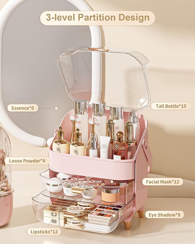 Makeup Organizer, Skincare Holder Bathroom Counter Organizer, Storage Box Cosmetic Display Cases, Teen Girl Gifts Trendy Stuff Make up Organizers for Vanity, Dresser, Countertop (Pink)-FemmiqueWomen
