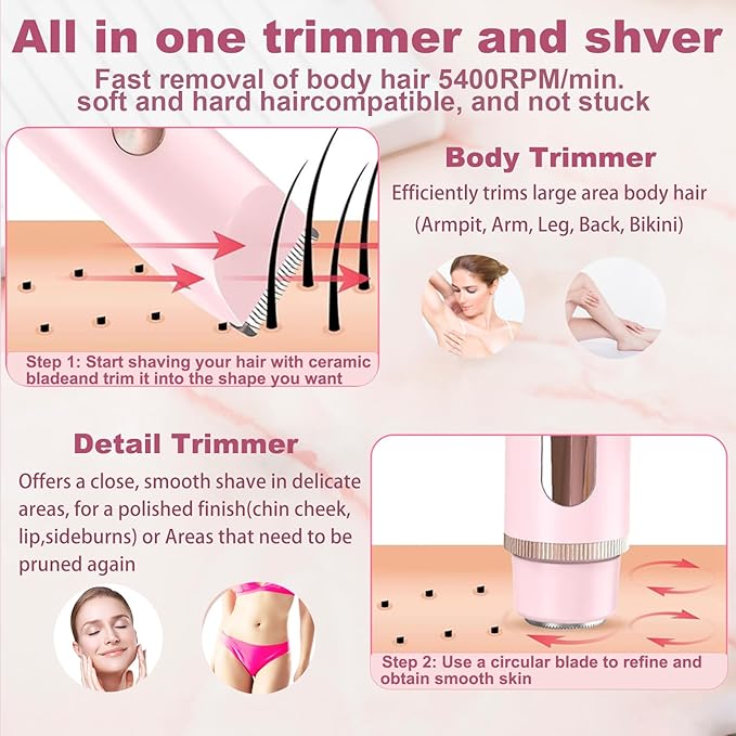 2 in 1 Bikini Trimmer for Women, Dual Head Electric Shaver with LED Display for Body Pubic Hair, IPX7 Waterproof Rechargeable Womens Electric Razor for Armpit Leg Body Facial-FemmiqueWomen