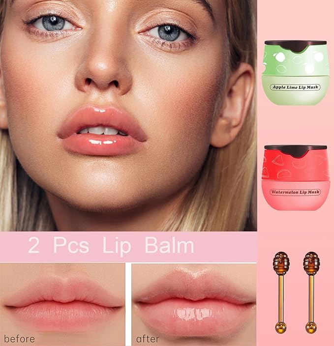 2 PCS Bee Lip Balm Honey Pot, Watermelon Apple Bee Lip Balm Sleeping Lip Mask Overnight with Sticks, Honey Pot Lip Balm Hydrating Exfoliating Prevention Dry and Crack Lip Scrubs-FemmiqueWomen