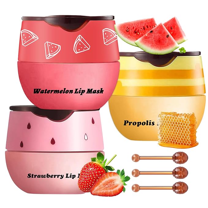 3 Pcs Honey Lip Balm, Bee Lip Balm Honey Pot,Moisturizing Lip Mask Overnight,Hydrate Repair Prevent Dry Cracked Lip Care (Honey+Strawberry+Watermelon)-FemmiqueWomen