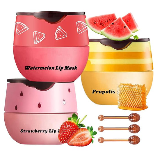 3 Pcs Honey Lip Balm, Bee Lip Balm Honey Pot,Moisturizing Lip Mask Overnight,Hydrate Repair Prevent Dry Cracked Lip Care (Honey+Strawberry+Watermelon)-FemmiqueWomen
