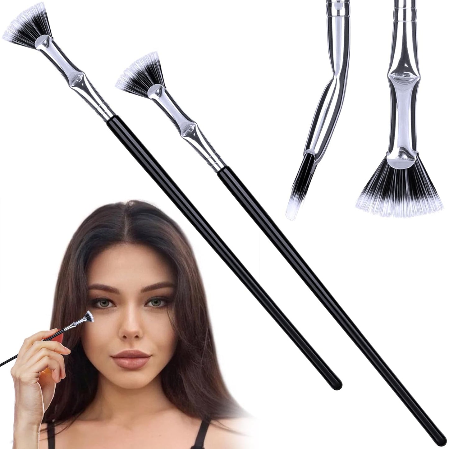 2 Pcs Folding Angle Scalloped Lash Brush, Eyelash Comb Separator, Multifunctional Mascara Fan Brush, Soft Bristles Makeup Tool for Upper Lower Eye Lash (Black)-FemmiqueWomen