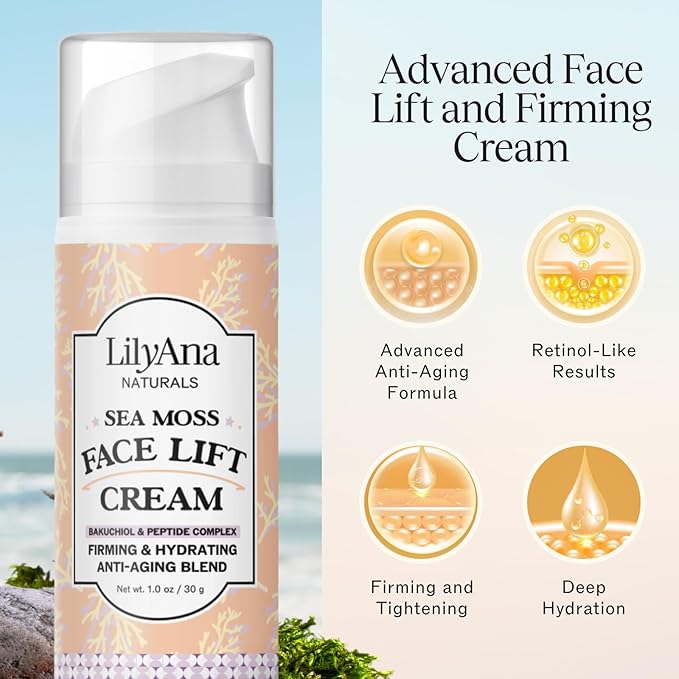 LilyAna Naturals Bakuchiol Face Lift Cream with Sea Moss and Peptide Complex - Face Cream for Women - Moisturizing and Lifting Facial Cream - Anti-Aging Overnight Moisturizer - Made in the USA - 1 oz-FemmiqueWomen