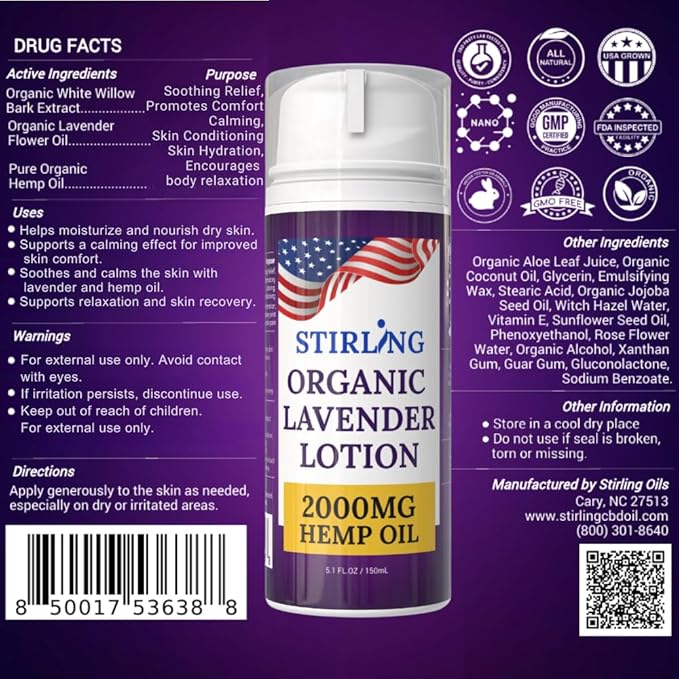 STIRLING Lavender Lotion – Organic Lavender with 2000mg Hemp Oil, Aloe Vera, and Vitamin E – Nourishing and Moisturizing Body Lotion for a Soft and Smooth Feel-FemmiqueWomen
