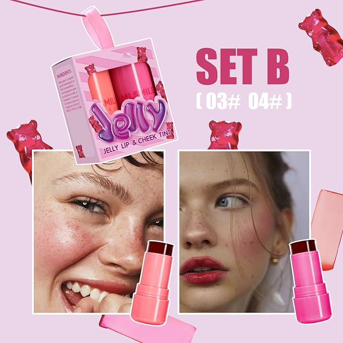 2 Pcs Milk Jelly Blush, Milk Cooling Water Jelly Tint, Vivid Color Water Jelly Tint Milk Blush, Sheer Eye Lip & Cheek Stick Stain, Long Wearing, Watercolor Finish Lip Gloss for Women, 03&04-FemmiqueWomen