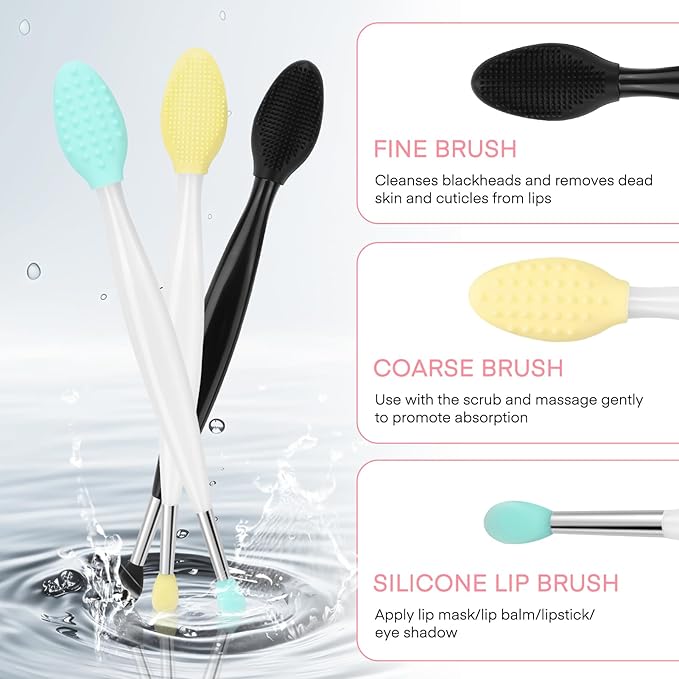 Unaone Lip Scrub Brush - 3 PCS Dual-ended Lip Scrubber Exfoliator and Silicone Lip Brush, 2-in-1 Silicone Lip Scrub Tool Lip Mask Applicator, Gentle Exfoliator & Applicator for Soft-FemmiqueWomen