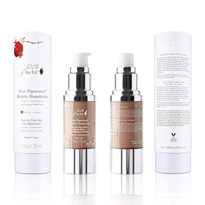 100% PURE Healthy Foundation Full Face Coverage Makeup, Liquid Matte Finish with Anti-Aging Benefits - Vegan Gorgeous Fruit Pigmented Toffee Color (Tan with Neutral Undertone) - 1 Fl Oz-FemmiqueWomen