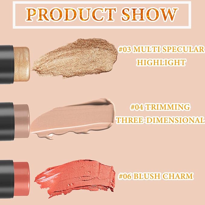 3 PCS Cream Contour Blush Stick,Long Lasting Waterproof Blush Stick for Cheeks&Lips Multipurpose Face Highlighting Concealing Cream,Shimmer Contour Stick Makeup for Women-FemmiqueWomen