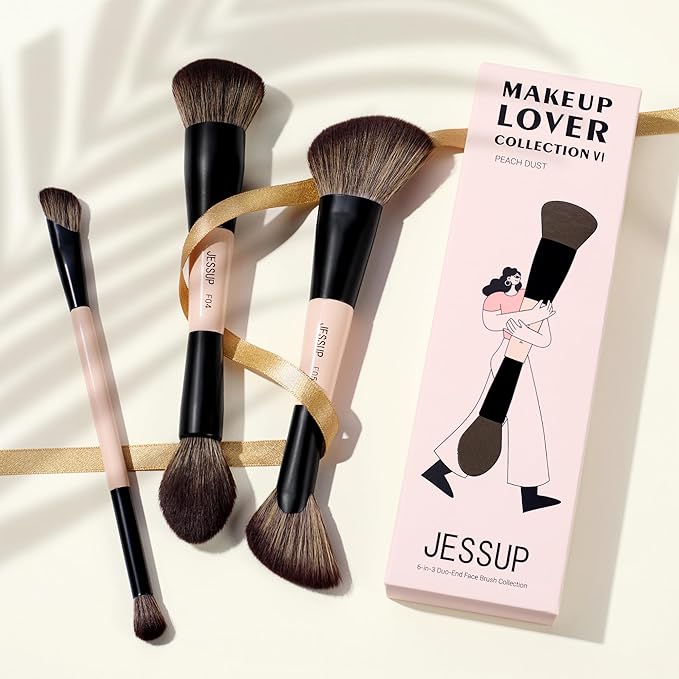 Jessup Face Makeup Brushes 3pcs Double Ended Makeup Brush Set for Foundation Contour Blush Highlight and Powder, Premium Synthetic Make up Brushes Peach Dust T508-FemmiqueWomen