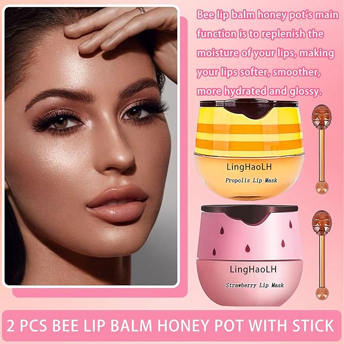 2PCS Bee Lip Balm,Hydrating Honey Pot Lip Balm with Stick,Non-Greasy Silky Sleeping Lip Mask Set,Long Lasting Lip Scrubs Moisturizer for Dry Cracked Lips（Honey ＋Strawberry）-FemmiqueWomen