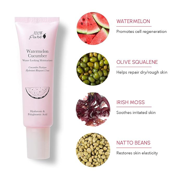 100% PURE Watermelon Cucumber Water Locking Moisturizer Natural Facial Hydration Boost with Hyaluronic Acid Replenishing Anti Aging Face Cream & Quenching Dry Skin Care Vegan - 1.4 fl oz-FemmiqueWomen