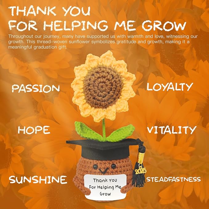 Teacher Appreciation Gifts, Handmade Crochet Sunflower Teacher Gifts, Thank You for Helping Me Grow, Daycare Teacher Appreciation Gifts for Women Men, End of Year Graduation Teacher Gifts (1)