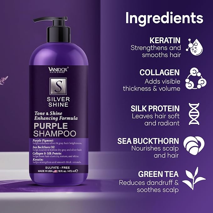 Brass Toning Purple Shampoo for Grey and Silver Hair, Infused with Purple Pigment, Sulfate Free Shampoo for Gray and Silver Hair (16 fl oz)-FemmiqueWomen