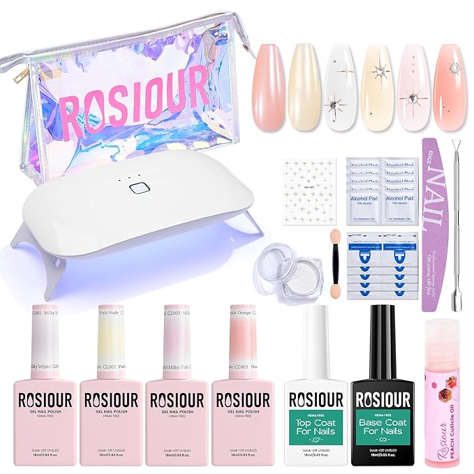 Jelly Gel Nail Polish Kit with U V Light, Hema-Free Milky Jelly White Pink Nude Orange Gel Polish Set with Base & Top Coat Chrome Nail Powder, 4 Colors Mini Salon Nail Art Starter Gift for Women Girl-FemmiqueWomen