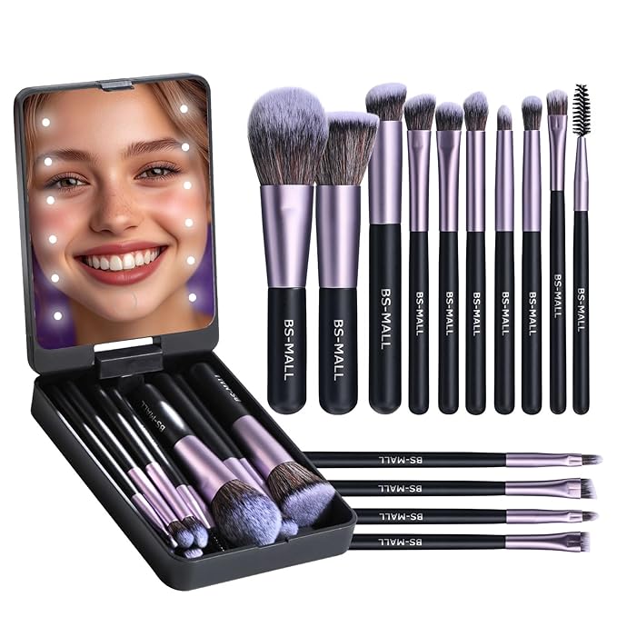 BS-MALL Travel Makeup Brush Set Foundation Powder Concealers Eye Shadows Makeup Set with LED light Mirror 14 Pcs (Purple)-FemmiqueWomen