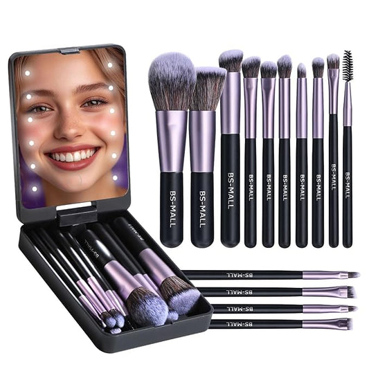 BS-MALL Travel Makeup Brush Set Foundation Powder Concealers Eye Shadows Makeup Set with LED light Mirror 14 Pcs (Purple)-FemmiqueWomen