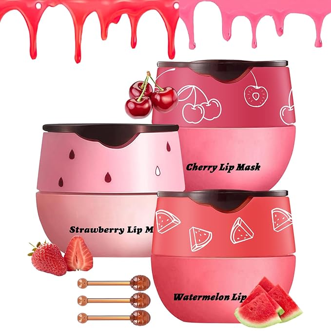 3PCS Bee Lip Balm Honey Pot, Exfoliating Strawberry Cherry Watermelon Bee Lip Balm Sleeping Lip Mask Overnight with Sticks, Honey Pot Lip Balm Prevention Dry Hydrating and Crack Lip Scrubs-FemmiqueWomen