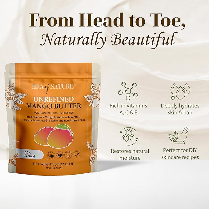 era of nature Organic Unrefined Raw Mango Body Butter Block 32oz - Moisturizing Mango Seed Raw Butter Bar for Skin & Hair, DIY Lip Balm Base, Cream, Soap & Lotion Making Supplies, Personal Skincare-FemmiqueWomen