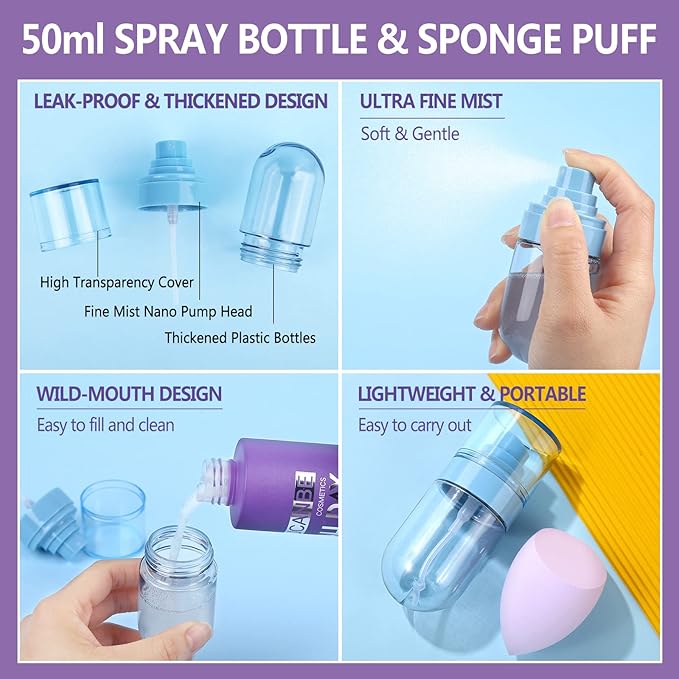 Long Lasting Makeup Setting Spray Kit- 6.76 Fl oz Hydrating Matte Finish Mist Lightweight Face Make up Fixer +Travel Size Spray Bottle+Sponge Puff Makeup Set-FemmiqueWomen