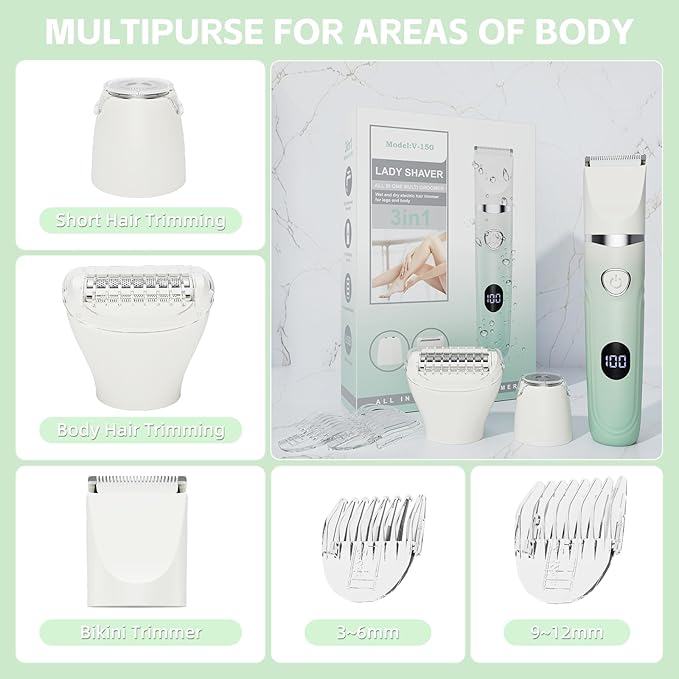 3-in-1 Painless Bikini Trimmer for Women - Electric Pubic Hair Shaver with Ceramic Blade, Wet/Dry USB Razor for Underarm/Leg/Body, Rechargeable Ladies Grooming Kit-FemmiqueWomen