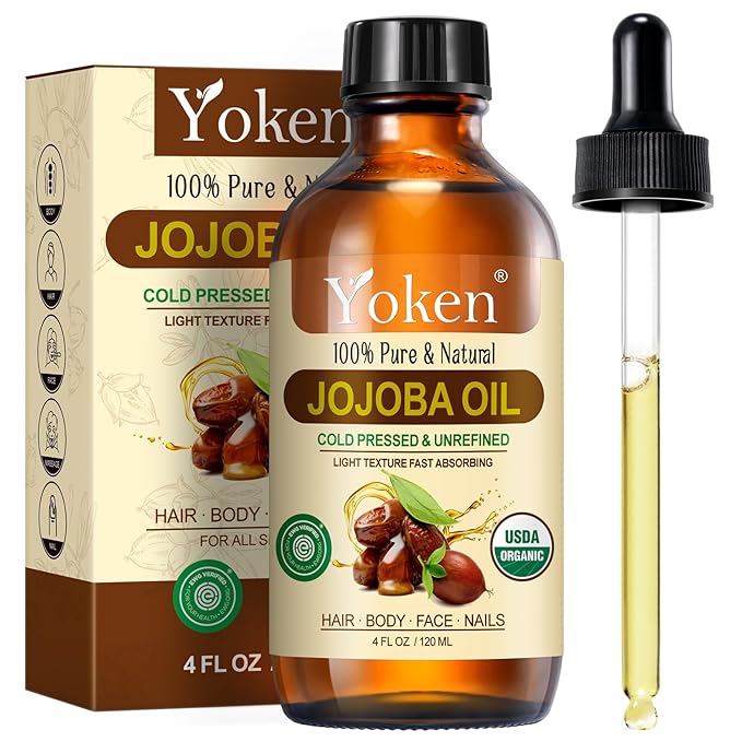 Yoken Jojoba Oil 4 fl oz EWG Verified 100% Pure Jojoba Oil Cold Pressed for Skin, Hair, Nails, Cuticles - Unrefined & Hexane Free, Natural Moisturizer Carrier oils Facial Serum for Gua Sha-FemmiqueWomen
