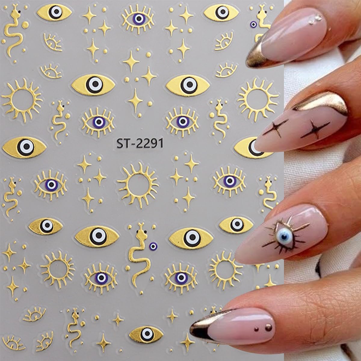 12 Sheets Gold Eye Nails Stickers Decals Star Sun Design Nails Art Stickers 3D Self-Adhesive Snake Moon Nail Art Decals for Women DIY Nail Decorations-FemmiqueWomen