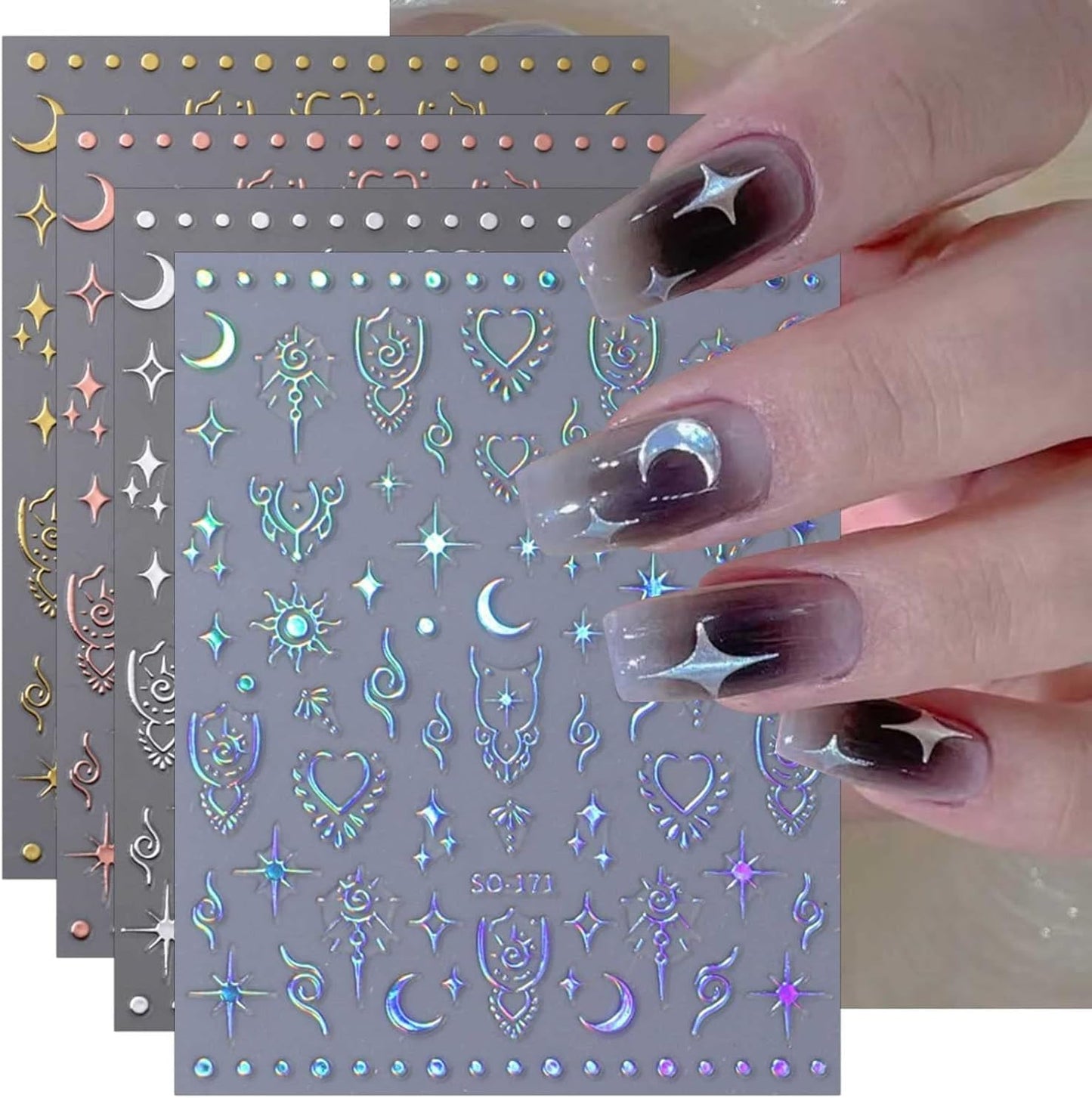 12 Sheets Star Nail Stickers Moon Letter Nail Art Stickers 3D Embossed Self Adhesive Nail Decals Rose Gold Silver Holographic Nails Design Nail Art Decals for Women Manicure DIY Decoration-FemmiqueWomen