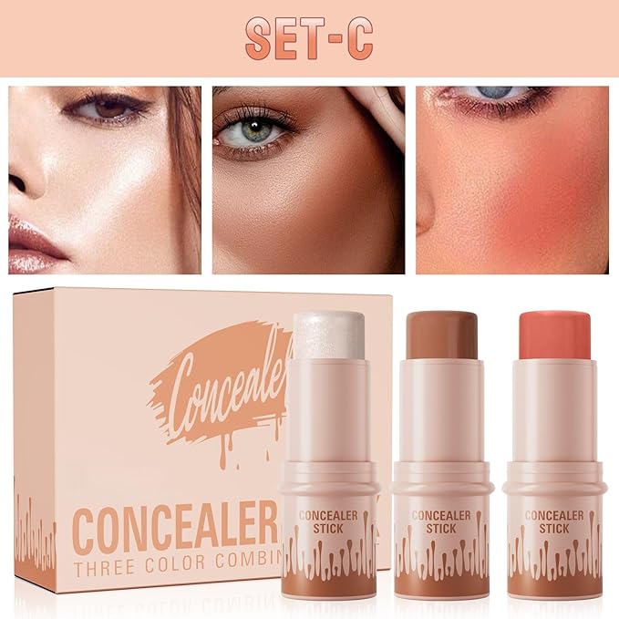 3Pcs Contour Stick Set，3 Colors Contour Stick Makeup Set， Long-Lasting Waterproof Concealer Stick Kit，Cream Blush & Highlighter Bronzer Pen (SET-C)-FemmiqueWomen