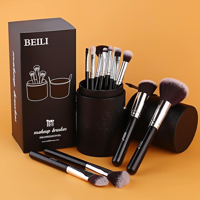 BEILI Makeup Brushes 12pcs Makeup Brushes Set with Holder Premium Synthetic Kabuki Foundation Brush Blending Blush Concealer Full Face Makeup Brushes Kit With Gift Box(Black)-FemmiqueWomen