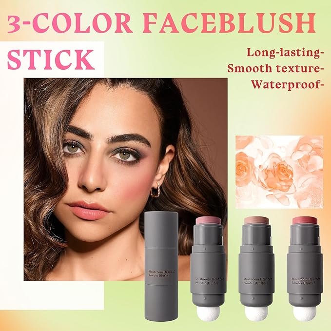3PCS Blush Stick for Cheeks,Multi-use Solid Matte Makeup Stick Blush Cream for Cheek Eyes and Lips Tint,Moisturizing Tinted Cream Blush,Natural Blendable Cheek Blusher with 3 Makeup Sponges A3-FemmiqueWomen