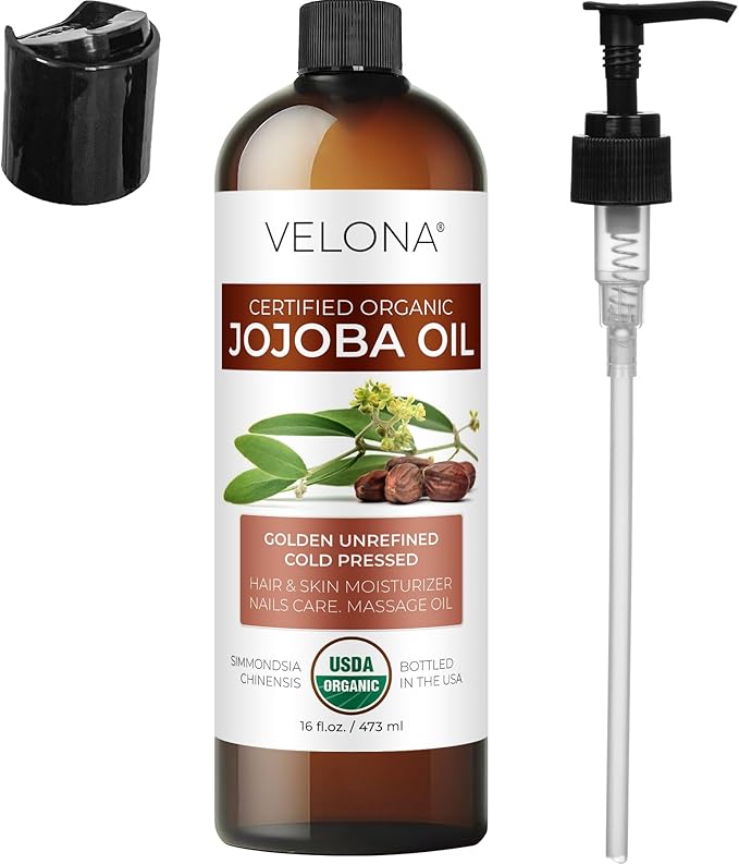 velona Jojoba Oil USDA Certified Organic - 16 fl oz (With Pump) | 100% Pure and Natural | Golden, Unrefined, Cold Pressed, Hexane Free | Moisturizing Face, Hair, Body, Skin Care-FemmiqueWomen