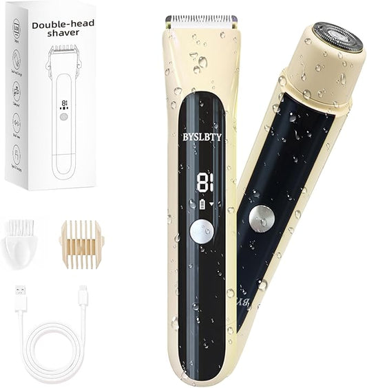 2 in 1 Bikini Trimmer for Women Dual Head Electric Shaver with LED Display,IPX7 Waterproof Wet & Dry, Painless Shaver for Underarm Leg Arm Body Face Private Area Khaki-FemmiqueWomen